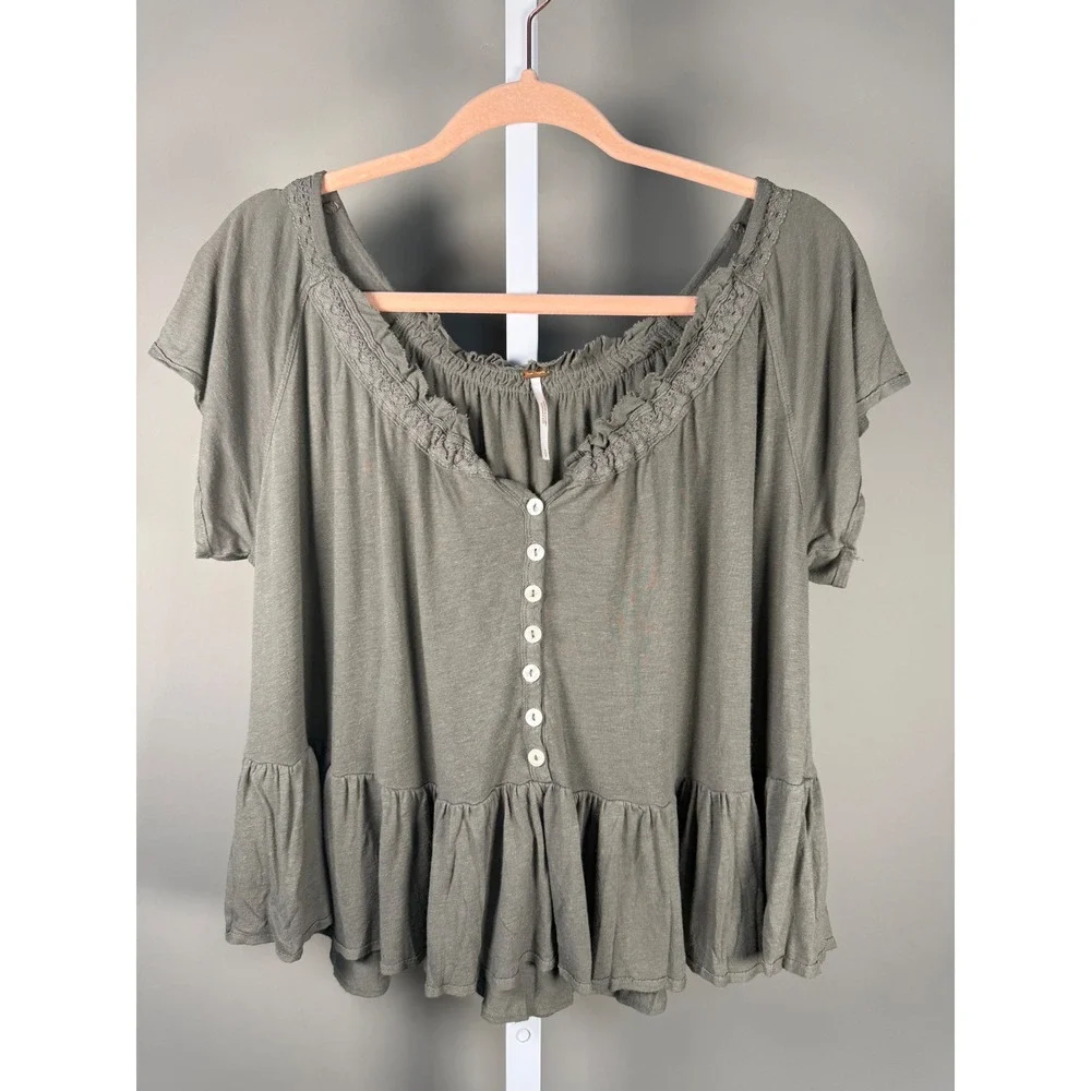 Free People Ruffle Henley Peplum Top Boho Cottagecore Linen Blend Size S